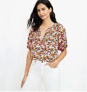 LOFT Petites Orange Purple Puff Sleeve Tie Neck Top SP